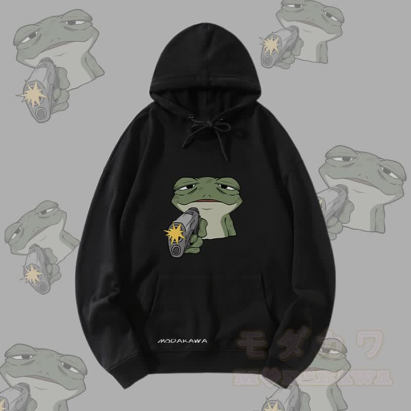 MODAKAWA Frog With Gun Graphic Streetwear Pullover Hoodie - Schwarz - 5XL - image 4