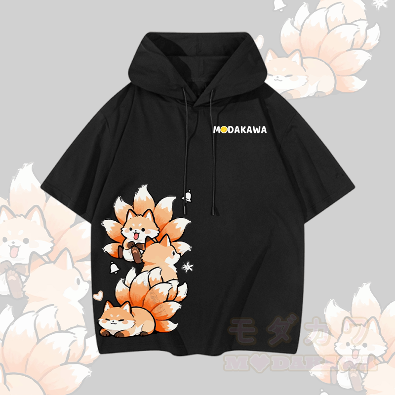 MODAKAWA Kurzarm-Hoodie mit neunschwänzigem Fuchs-Motiv - Schwarz - 3XL - image 4