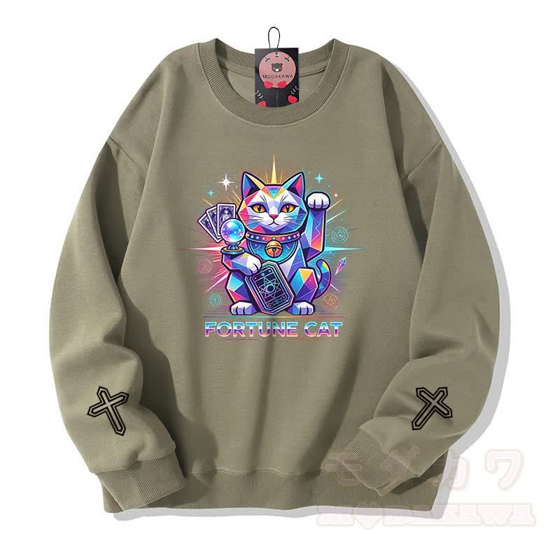 FORTUNE CAT Tarot Kreuz Grafik Modakawa Sweatshirt - Hellkhaki - 5XL - image 6