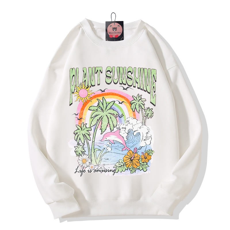 Modakawa Sweatshirt mit Baum- und Meeresprint und Rundhalsausschnitt - White - 5XL - image 3