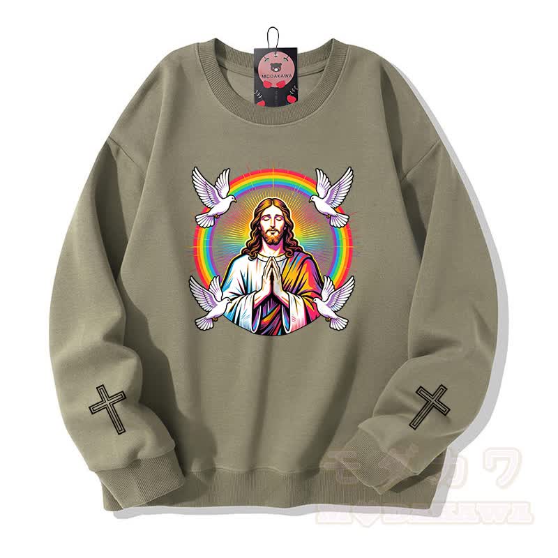 Modakawa Sweatshirt mit Regenbogen-Tauben-Kreuz-Motiv - Hellkhaki - 5XL - image 6