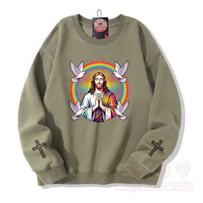 Modakawa Sweatshirt mit Regenbogen-Tauben-Kreuz-Motiv - Hellkhaki - 5XL - image 6