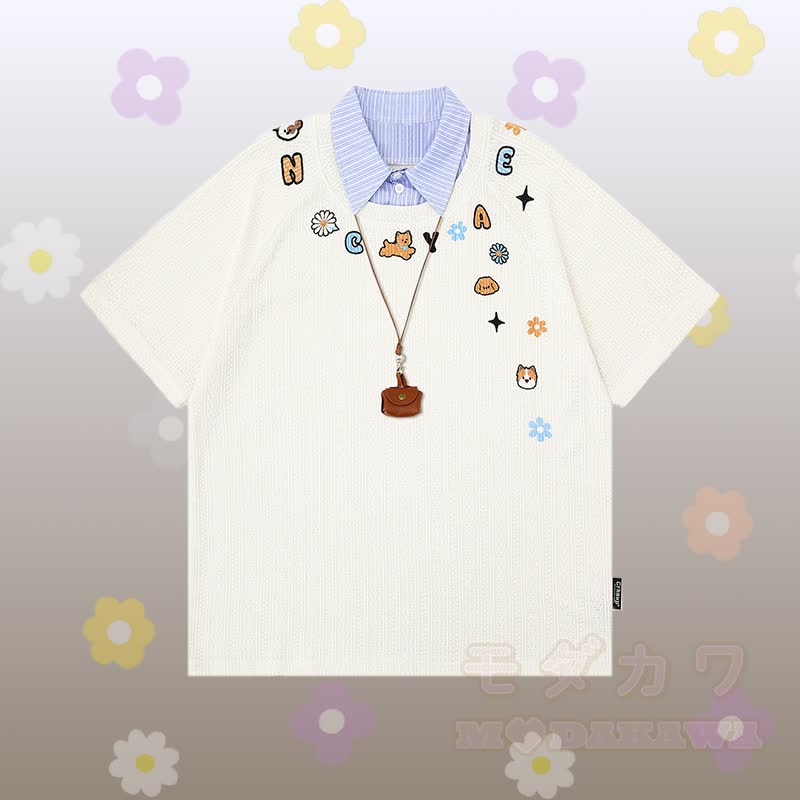 Polo-Shirt mit Welpen-Grafikstreifen, bestickte Jeans, kurze Hose, passendes Outfit von Modakawa - Weißes T-Shirt - XL - image 4