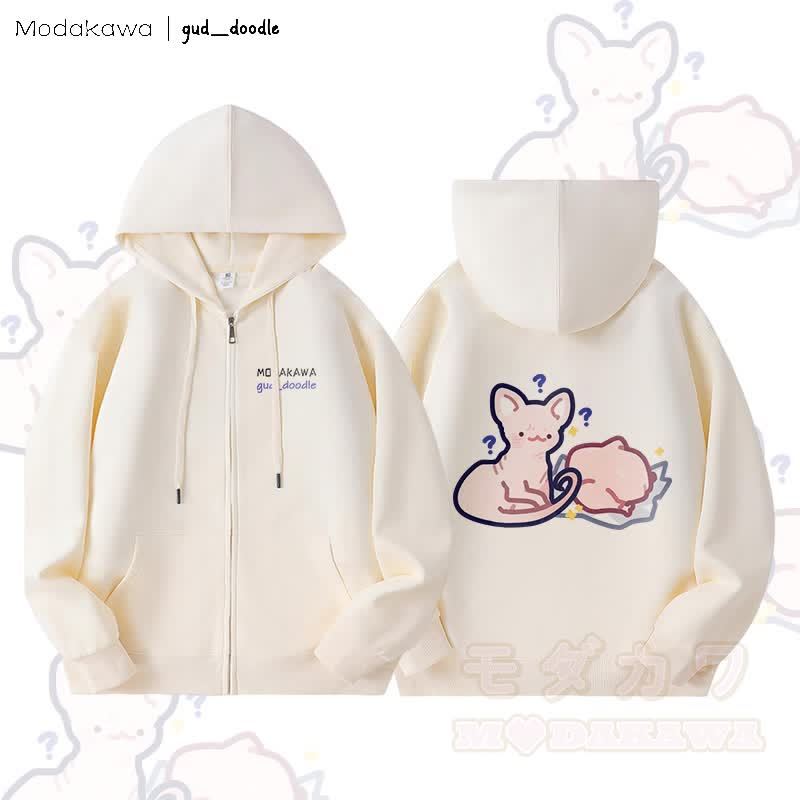 MODAKAWA x gud_doodle Kitty Chicken Grafik Fleecegefütterter Kapuzenpullover mit Reißverschluss - Beige - 5XL - image 4