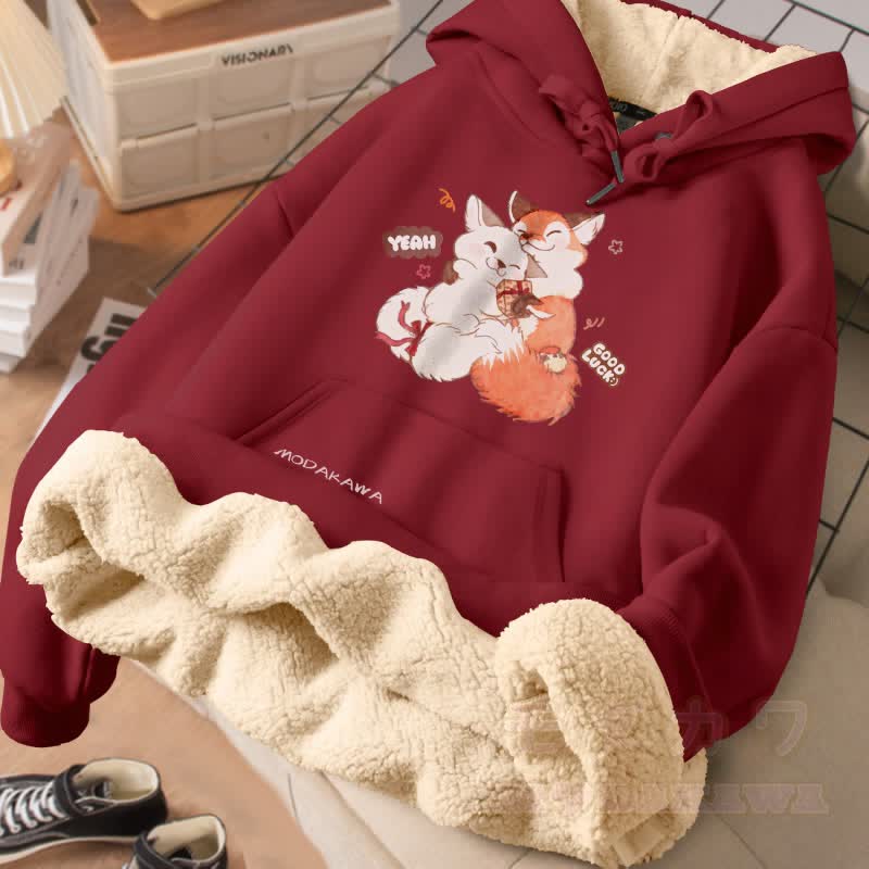 MODAKAWA Winterhoodie mit dickem Fleecefutter und Fuchsmotiv - Weinrot - 2XL - image 3
