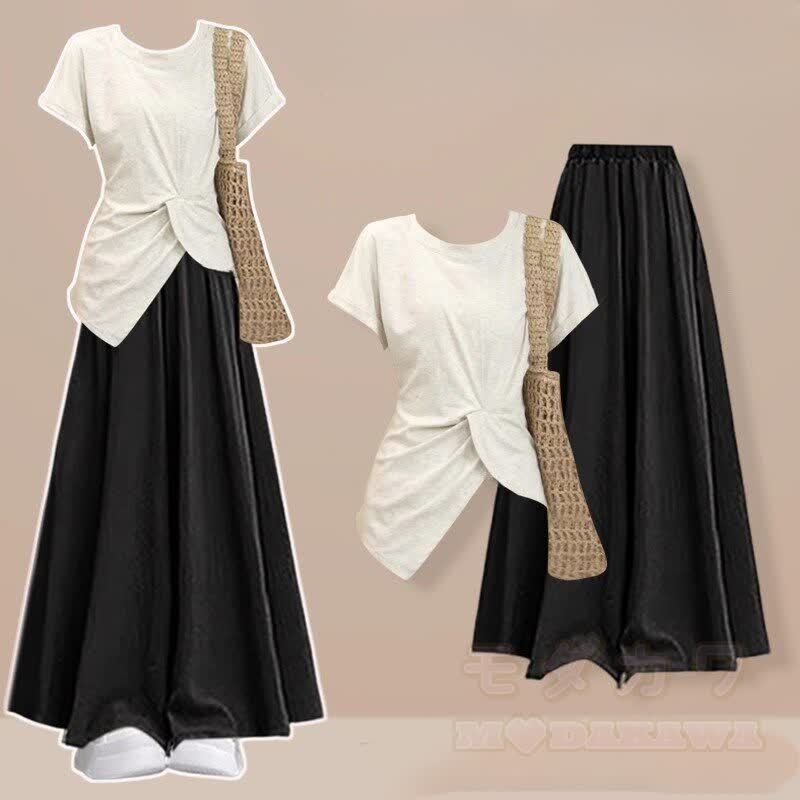 Unregelmäßiges T-Shirt, weit geschnittener Hosenrock, passendes Outfit - Satz C - 2XL - image 3