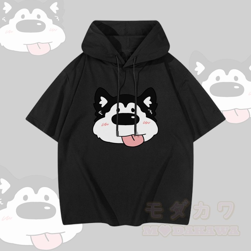 MODAKAWA Kurzarm-Hoodie mit Welpenmotiv „Zunge raus“ - Schwarz - 3XL - image 4