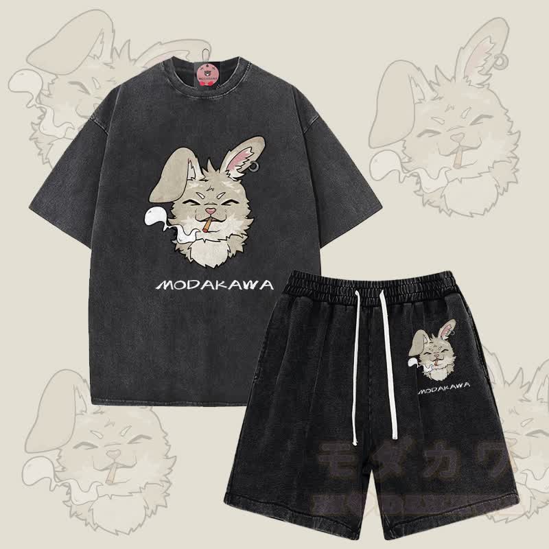 MODAKAWA Smoking Bunny Grafik Vintage Washed T-Shirt Shorts Zweiteiliges Set - Schwarz - 3XL - image 4