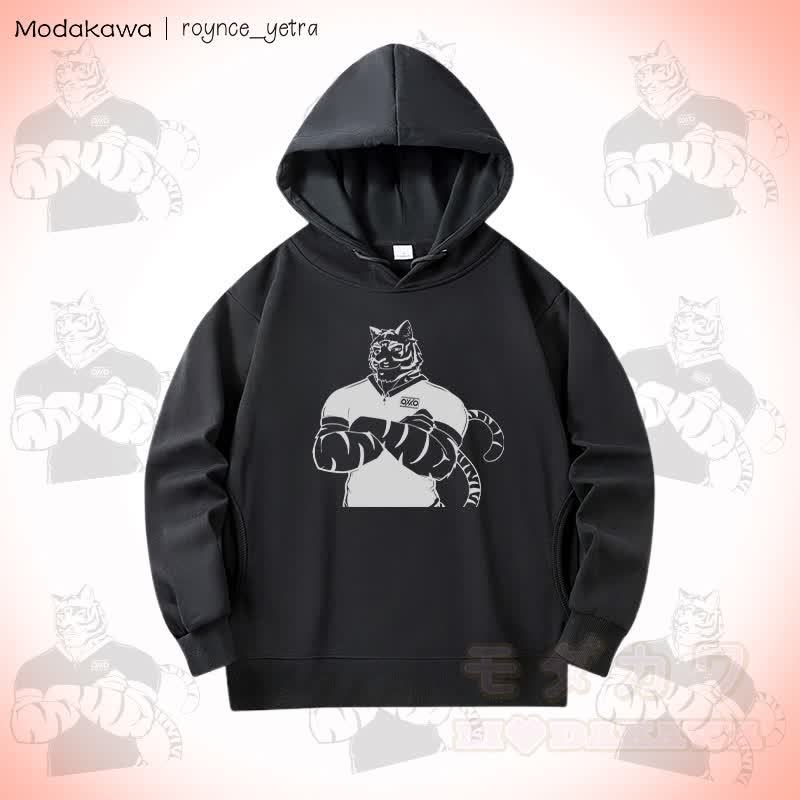 MODAKAWA X roynce_yetra Confident Tiger Graphic Baumwoll-Hoodie mit Seitentaschen - Schwarz - 5XL - image 3