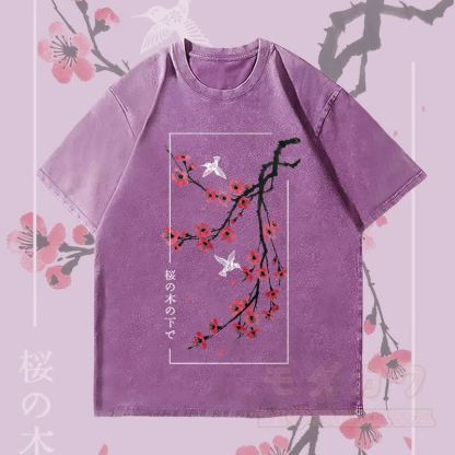 MODAKAWA Unisex-T-Shirt mit Kirschblüten- und Vogelmotiv im Vintage-Stil - Lila - 4XL - image 4