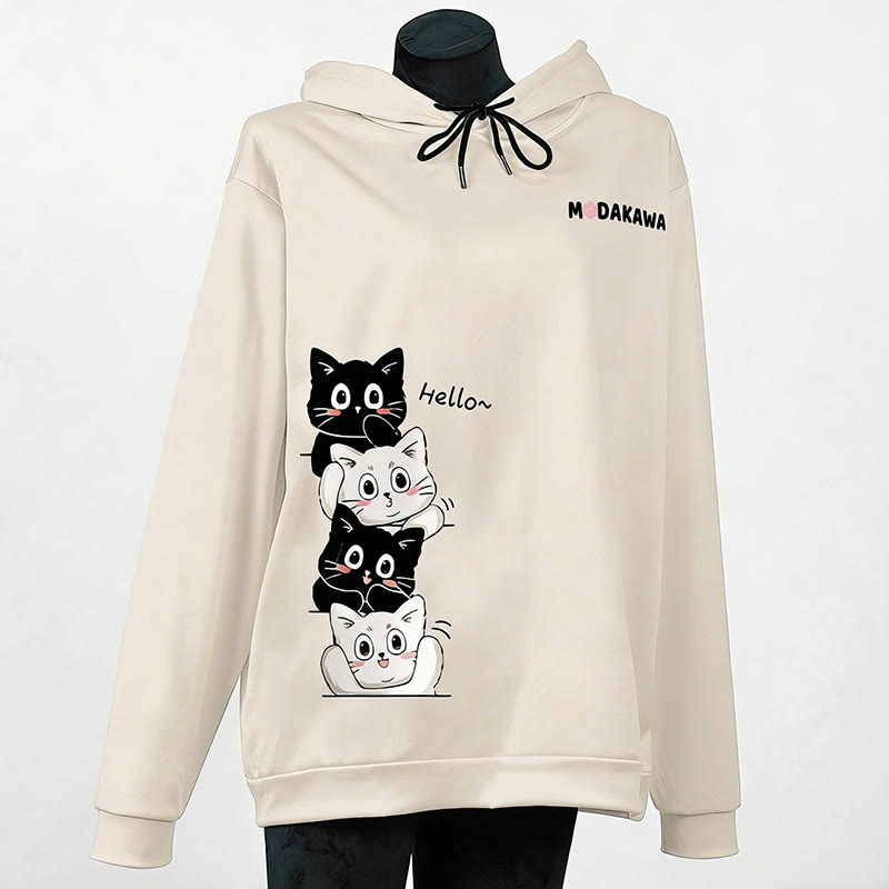 Modakawa-Hoodie mit gestapeltem Katzenmotiv und Buchstabenprint - Apricot - 6XL - image 6