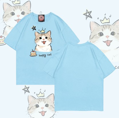 Modakawa T-Shirt mit HAPPY Katzenkuchen-Motiv, 100 % Baumwolle - Sky Blue - 5XL - image 7