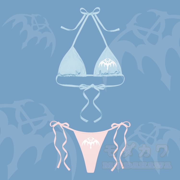 MODAKAWA X Aki Damen-Bikini-Set mit Fledermausflügel-Grafik, Streifenmuster und Bindebändern, zweiteilig - Blau & Rosa - 4XL - image 5