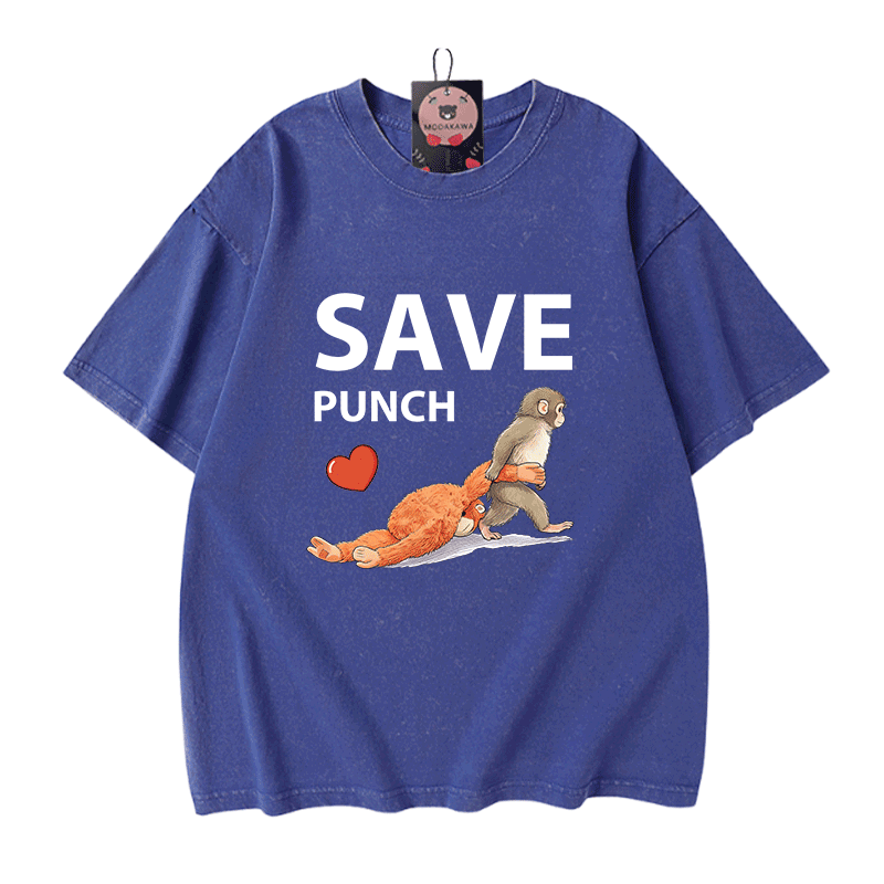 SAVE PUNCH Monkey Graphic Modakawa Unisex Vintage Washed T-Shirt - Blue - 5XL - image 2