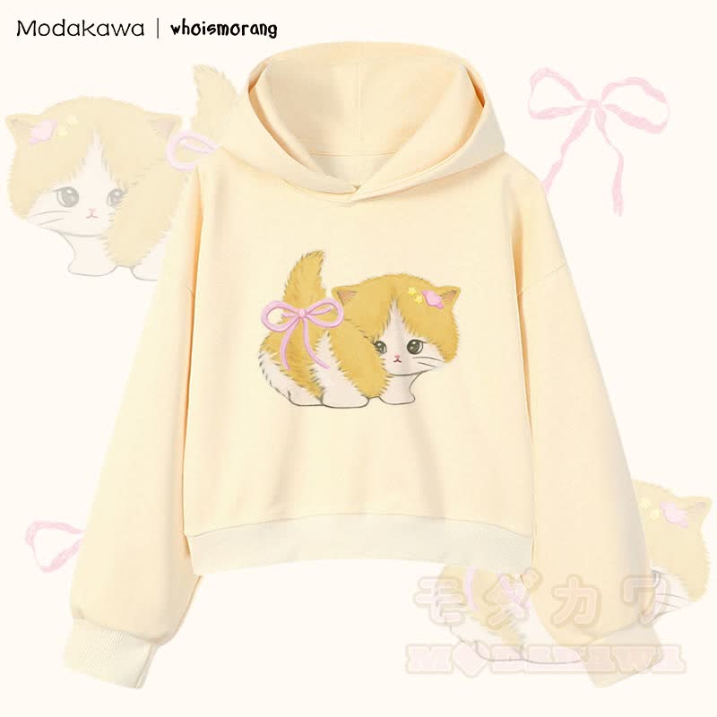 MODAKAWA X whoismorang Bow Tail Cat Graphic Cropped Cotton Hoodie - Aprikose - 3XL - image 3