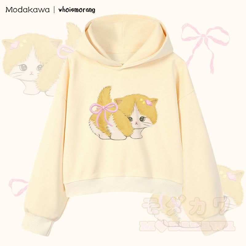 MODAKAWA X whoismorang Bow Tail Cat Graphic Cropped Cotton Hoodie - Aprikose - 3XL - image 3