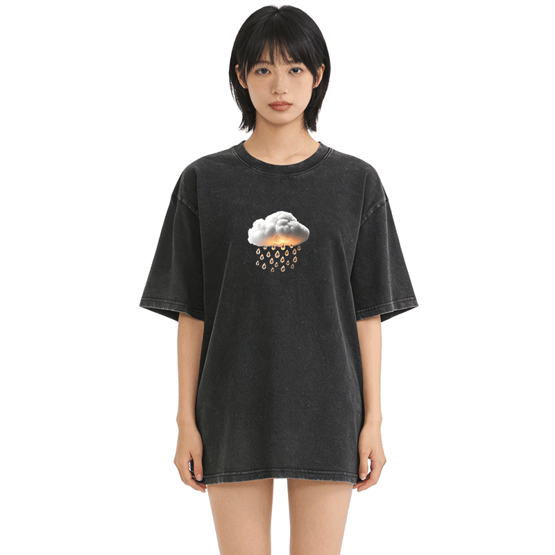 Modakawa Unisex Vintage Washed T-Shirt mit Wolkenregen-Grafik - image 2