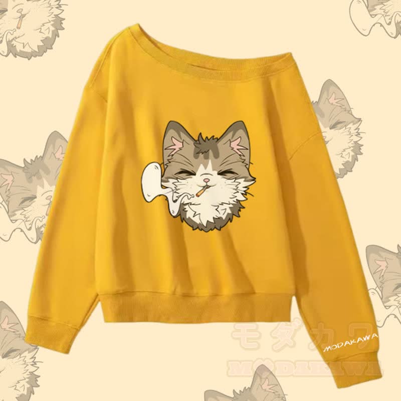 MODAKAWA Smoking Cat Graphic Off Shoulder Sweatshirt - Gelb - L - image 5