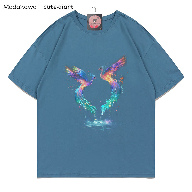 Regenbogen-Phönix-Grafik-T-Shirt - Dark Dusty Blue - 5XL - image 3