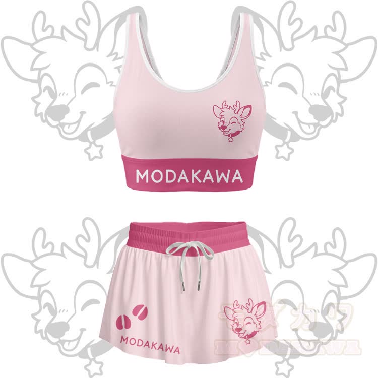 Wink Deer Graphic Crop Tank Sport Top Skirt Bikini Modakawa Matching Outfit - Rosa Set - 4XL - image 14