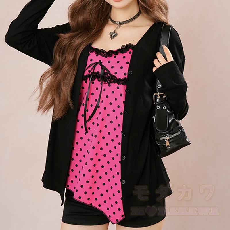 Dreiteiliges Set aus Gothic-Polka-Dot-Top, Spitzen-Cardigan und Rock mit Kreuzmuster - image 5