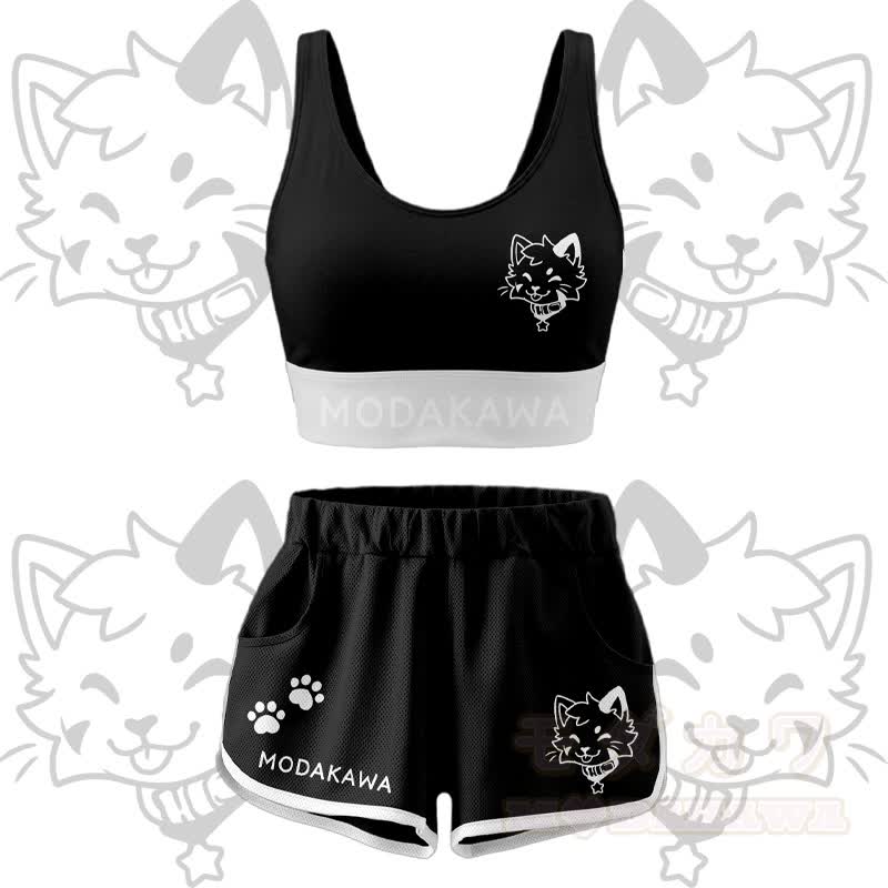 Kitty Graphic Crop Tank Sport Top Shorts Bikini Modakawa Matching Outfit - Schwarzes Set - 4XL - image 13