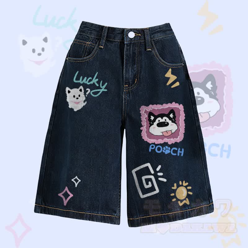 MODAKAWA Bermuda-Denim-Shorts mit Welpen- und Katzenmotiv - Dunkelblau - 2XL - image 5