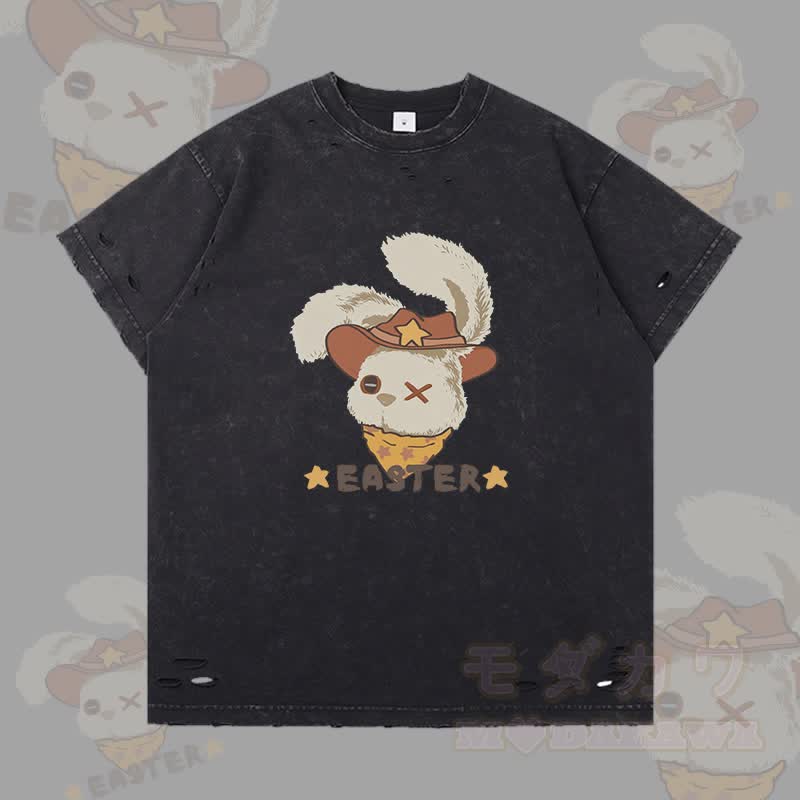 OSTERN Cowboy Bunny Grafik Modakawa Ripped T-Shirt - Grau - 2XL - image 3