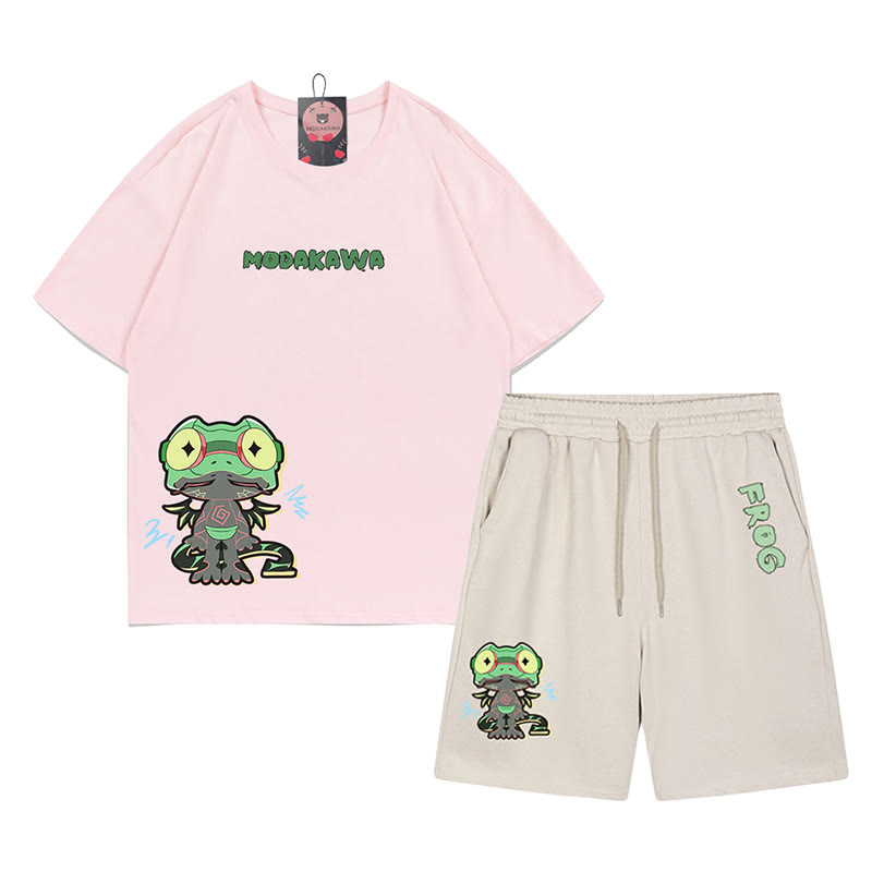 Lustiges T-Shirt mit Frosch-Grafik und dunkler Ästhetik, zweiteiliges Set - Rosa&Aprikose - B - 5XL - image 5