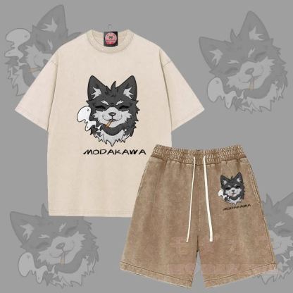 MODAKAWA Smoking Puppy Grafik Vintage Washed T-Shirt Shorts Zweiteiliges Set - Aprikose & Braun - 3XL - image 9