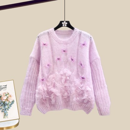 3D-Blumenstrickpullover und passender Farbverlaufrock – Outfit - Purple Sweater - XL - image 9