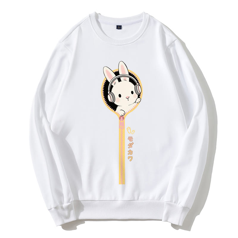 Sweatshirt mit rundem Kragen und Kopfhörer-Häschen-Reißverschluss - Weiß - 5XL - image 5