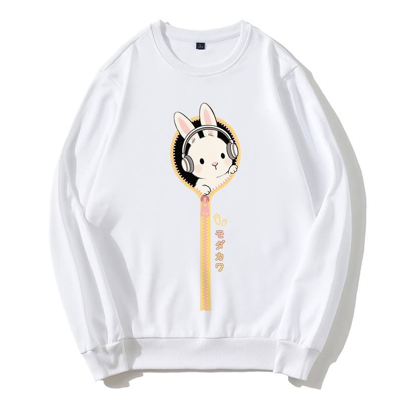 Sweatshirt mit rundem Kragen und Kopfhörer-Häschen-Reißverschluss - Weiß - 5XL - image 5