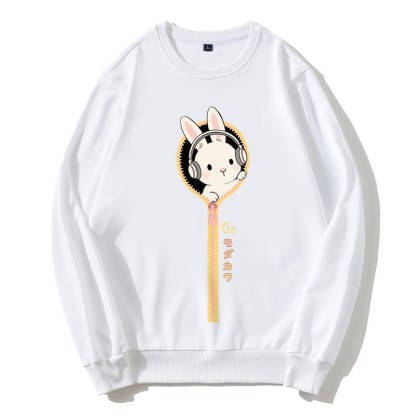 Sweatshirt mit rundem Kragen und Kopfhörer-Häschen-Reißverschluss - Weiß - 5XL - image 5