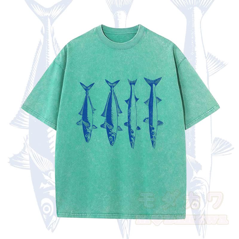 Modakawa Vintage Fischprint gewaschenes T-Shirt - Grün - 5XL - image 6