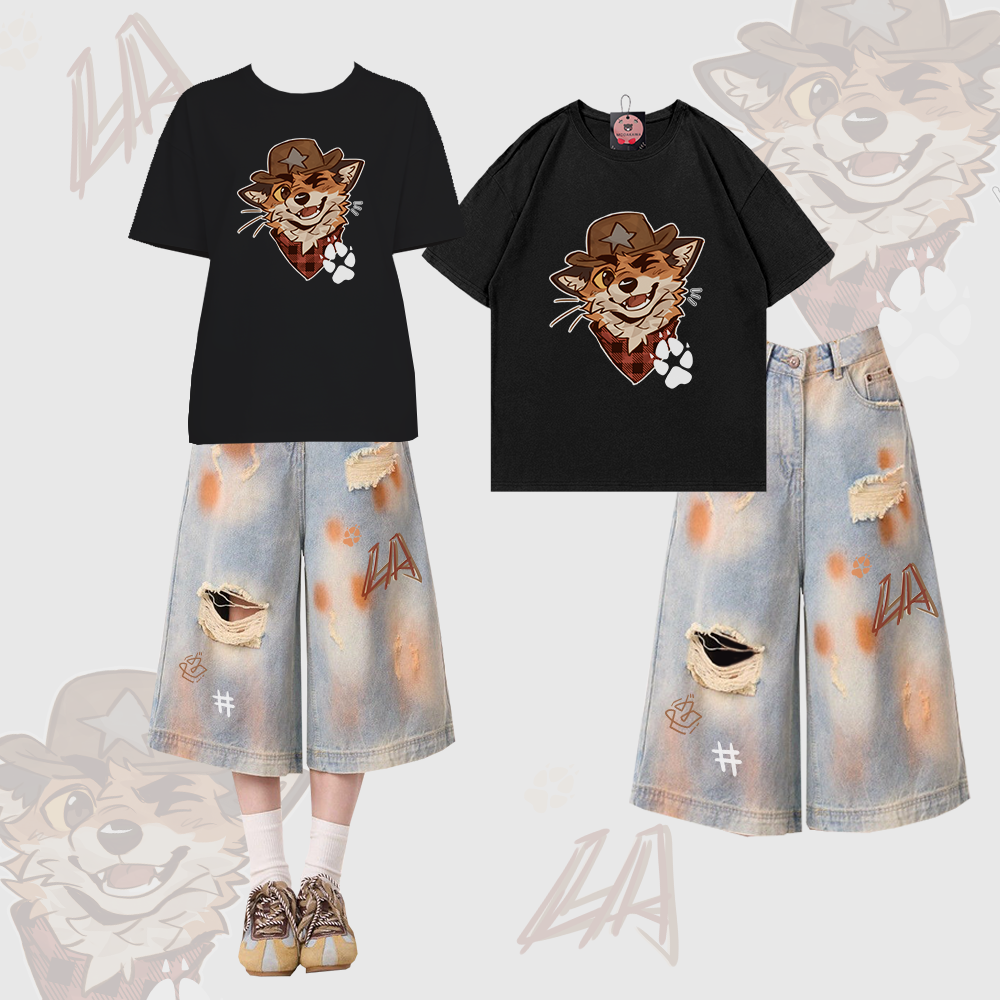MODAKAWA X atka Fox Graphic 100% Baumwoll-T-Shirt, Ripped Cropped Denim Jeans Zweiteiler-Set - Black & Blue - XL - image 2