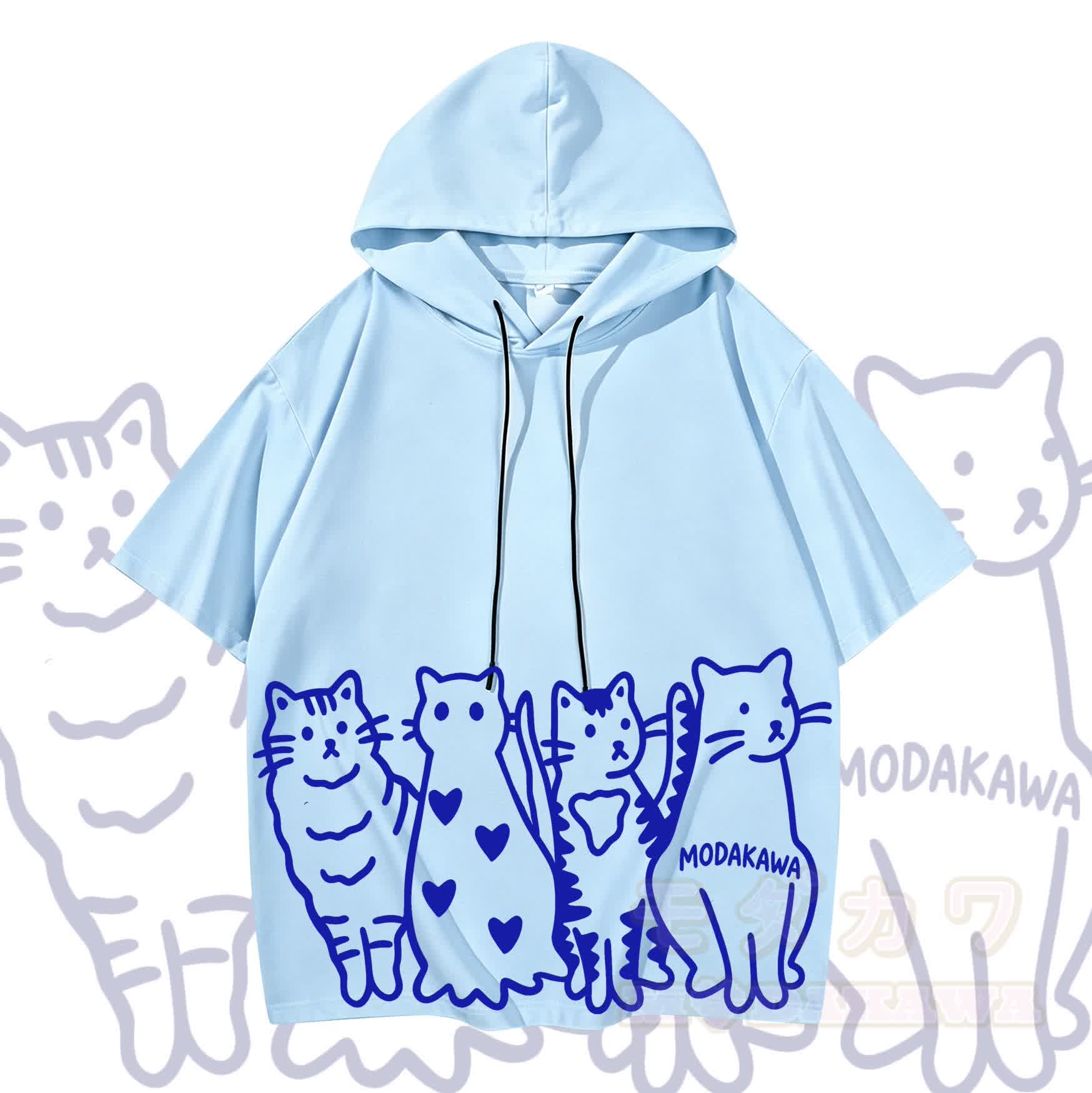 MODAKAWA Kurzarm-Hoodie mit verspieltem Katzenprint - Blau - 3XL - image 5