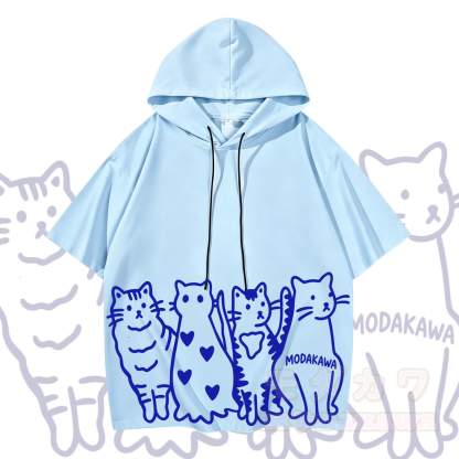 MODAKAWA Kurzarm-Hoodie mit verspieltem Katzenprint - Blau - 3XL - image 5