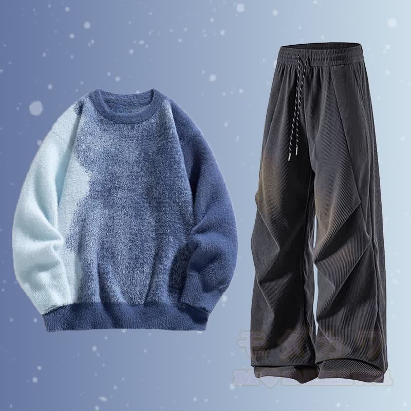 Farbverlauf-Pullover mit flauschigem Unterkleid und Cordhose (zweiteilig) - Satz C - 3XL - image 3