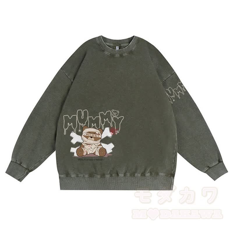 MODAKAWA MUMMY Bär Grafik Unisex Vintage Washed Sweatshirt - Grün - 3XL - image 3