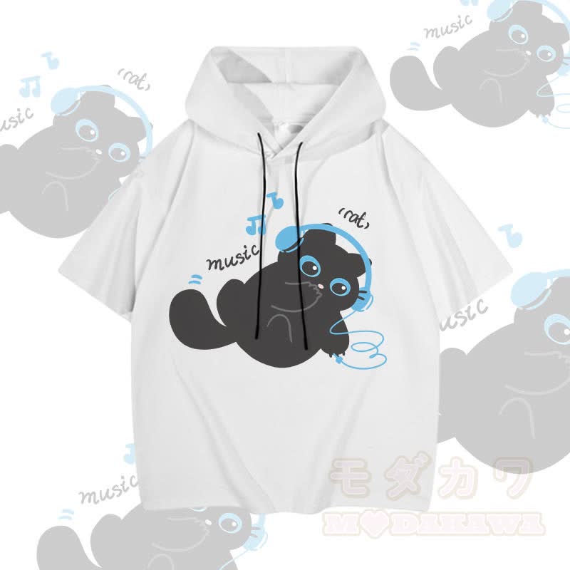 MODAKAWA Kurzarm-Hoodie mit Katzenmotiv und Musikmotiv - Weiß - 3XL - image 3