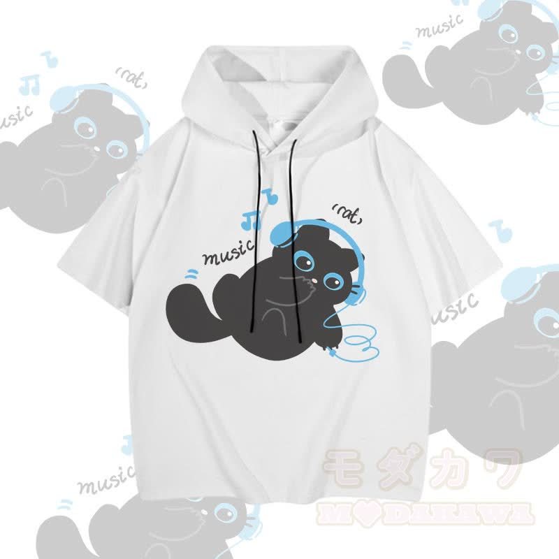 MODAKAWA Kurzarm-Hoodie mit Katzenmotiv und Musikmotiv - Weiß - 3XL - image 3