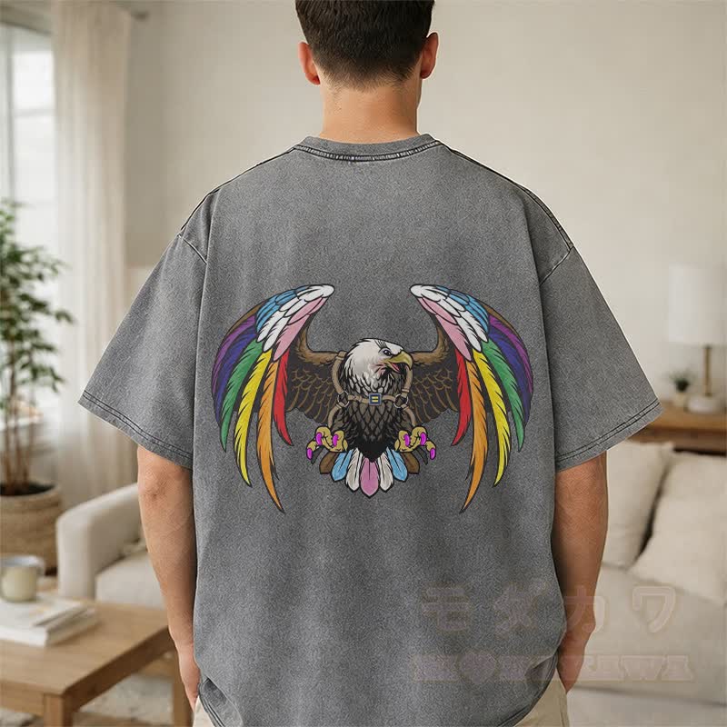 Modakawa Vintage T-Shirt aus 100 % Baumwolle mit Regenbogenadler-Modifikation, gewaschen - image 5
