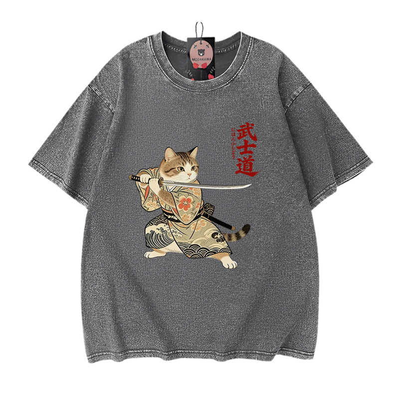 Samurai-Katzen-Grafik Modakawa Vintage gewaschenes T-Shirt aus 100 % Baumwolle - Grey - 5XL - image 9