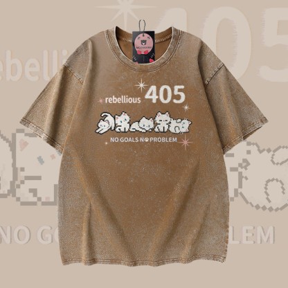REBELLIOUS 405 Katzenmotiv Modakawa Vintage Washed 100% Baumwoll-T-Shirt - Brown - 5XL - image 4