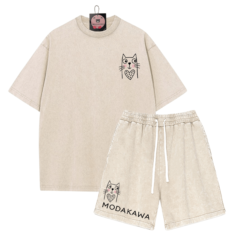 T-Shirt mit Kitty-Print, verwaschene Vintage-Shorts, zweiteiliges Set von MODAKAWA - Apricot - 3XL - image 6