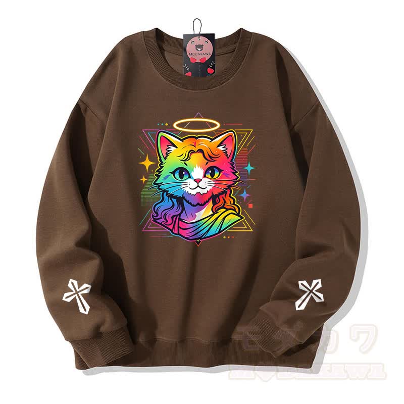 Modakawa Sweatshirt mit Regenbogen-Engel-Katzenkreuz-Grafik - Braun - 5XL - image 5