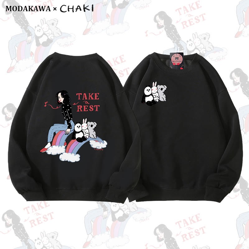 Gönn dir eine Pause! Mädchen sitzt mit Tieren auf einem Sweatshirt mit Regenbogenmotiv und Rundhalsausschnitt - Black - 5XL - image 3