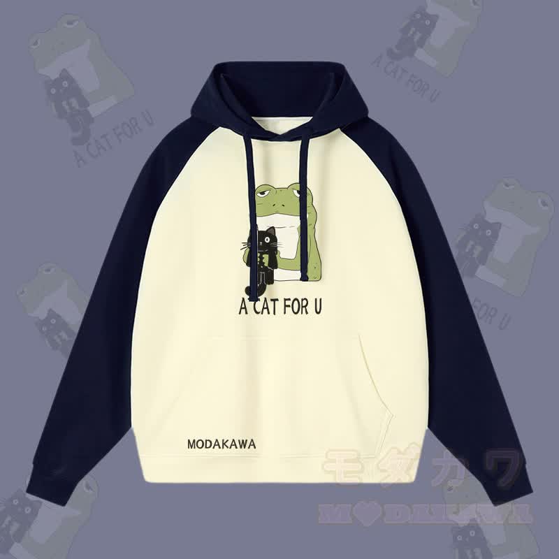 A CAT FOR U – Kapuzenpullover mit Frosch-Umarmung und schwarzer Katze, Grafik, Streetwear, Farben - Purpurblau & Aprikose - 3XL - image 3