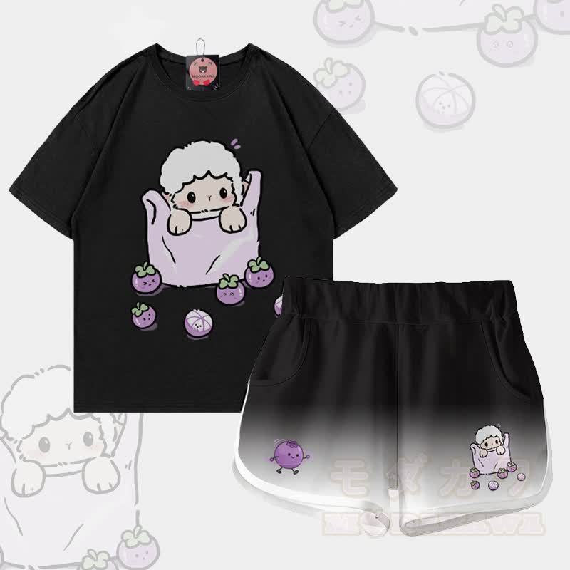 Zweiteiliges Set aus 100% Baumwolle mit Schaf- und Blaubeermotiv, dazu passende Shorts und ein Farbverlauf-Set von Modakawa - Satz C - 5XL - image 3